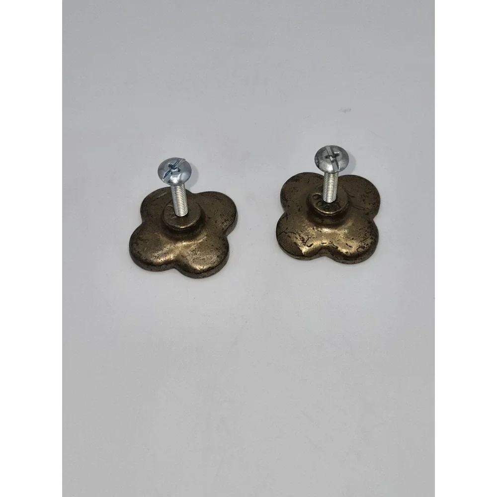 Quatrefoil Brass Tone Cabinet Knobs Pair Textured Clover Furniture Hardware